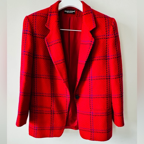 Vintage  Red Wool Pane Style Plaid Blazer By BERNARD HOLTZMAN Size 14 - Picture 3 of 13